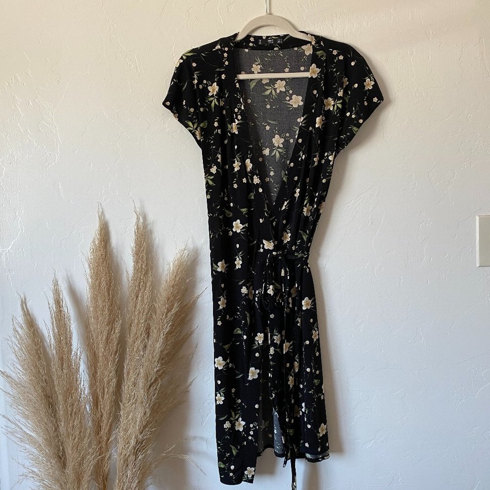 MNG Basics Black Short Sleeve Floral Wrap Dress
